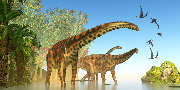 Spinophorosaurus Dinosaur Marsh - Dorygnathus reptile birds fly close to a Spinophorosaurus dinosaur herd during the Jurassic Period.
