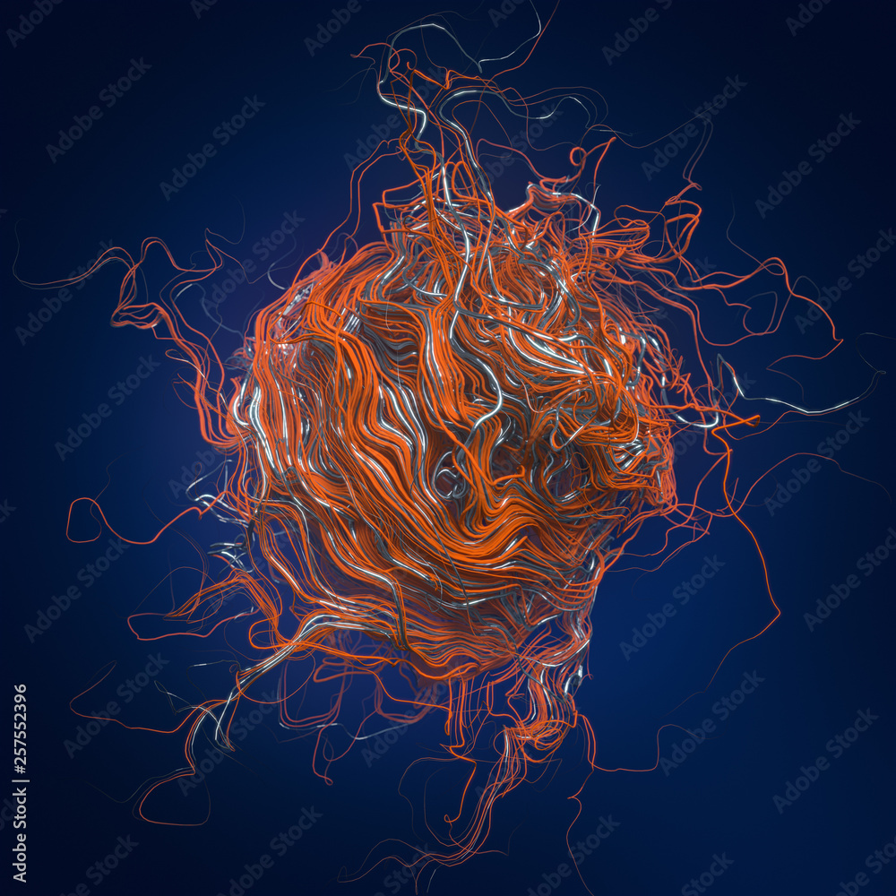 Aufkleber Abstract interweaving psychedelic silver and orange lines on a dark. Curled wire futuristic pattern. 3d rendering
