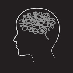 Linear iluet head and brain on a black background. Concept. Vector illustration.