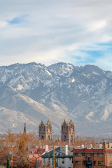 Naklejka premium Cathedral of the Madeleine and mountain in Utah
