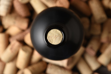 Closeup of a wine bottle top with the cork exposed