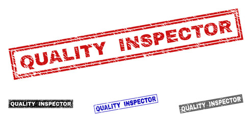 Grunge QUALITY INSPECTOR rectangle stamp seals isolated on a white background. Rectangular seals with grunge texture in red, blue, black and grey colors.