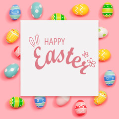 Happy Easter message with Easter eggs on a pink background