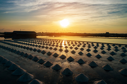Beautiful landscape at sunset salt Farming. sea-salt production in the country, Sunset in Salt farming at Samut Sakhon Thailand.
