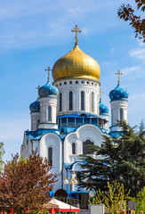 Fototapeta na wymiar Uzhhorod Orthodox Cathedral (Cathedral of Christ the Saviour) in Uzhgorod city, Ukraine. Also know as Cyril and Methodius Cathedral. Built in 1990, belongs to Russian Orthodox Church in Ukraine