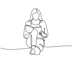 continuous line drawing of Happy mature woman reading her book. young women reading book isolated on white background