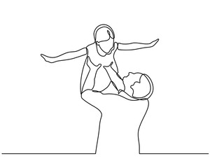 continuous line drawing of family, parenthood and people concept - happy Father playing with little baby at home isolated on white background