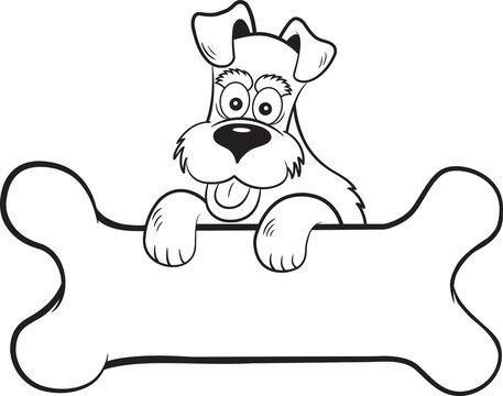 Black and white  illustration of a happy dog with paws on a banner shaped like a bone.