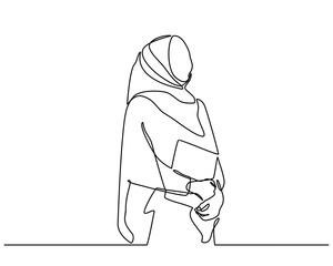 continuous line drawing of Fashion portrait of muslim wearing hijab. portrait of Islamic female students with headscarves studying at the college level. the concept of returning to school