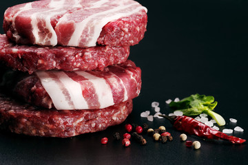Close-up raw cutlets for burgers with spices on a black background.