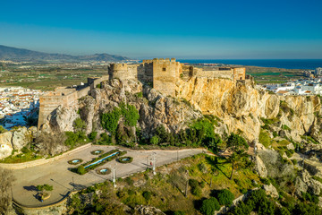 Fototapeta na wymiar Salobrena castle and hilltop town along the Mediterranean sea in Andalusia Spain aerial panorama 