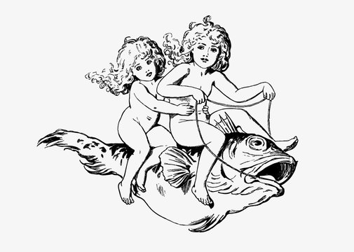 Babies riding on a fish