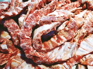 close up raw pork spare ribs at the supermarket