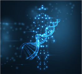 Blue abstract background with luminous DNA molecule, neon helix and human silhouette. - 257563965