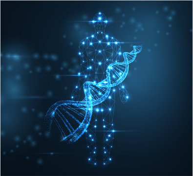 Blue abstract background with luminous DNA molecule, neon helix and human silhouette.