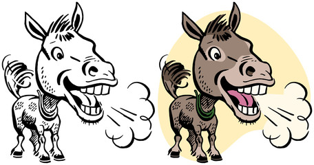 A cartoon of a braying donkey.