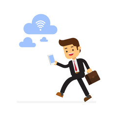 Businessman run to find Wifi
