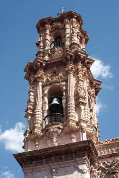 The campanary of Santa Prisca Temple (Templo de Santa Prisca) tower, displaying baroque details, Taxco, Guerrero, Mexico.