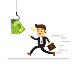 Money on fishing rod as motivation for young business man