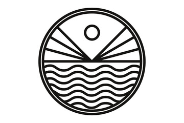 Sun and sea logo template. Round icon of sea landscape - waves, sunrise, wavy lines. Minimal badge for business emblems, for a travel, tourism and ecology, health and yoga Center.