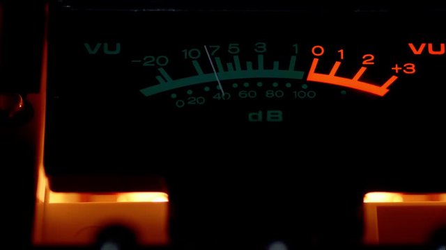 Macro Slow Motion Shot Of Vintage Analog Audio Level Tape Deck VU-Meter