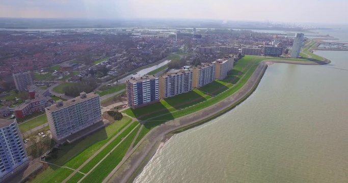 The city of Terneuzen at the delta of the Westerschelde. Aerial shot.