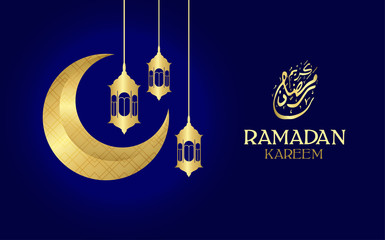 Ramadan kareem design concept with unique arabic calligraphy. islamic celebration background template with golden moon and lantern on blue color. vector illustration.