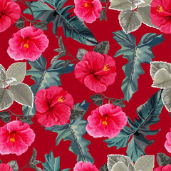 Tropical flower and leaves with hibiscus  seamless pattern-vector