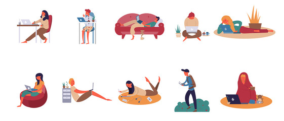 people work remotely with a laptop, work at home, set of icons with colorful characters, Vector image, flat design