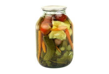 glasses jar with pickled vegetables and herbs, marinated and canned, traditional russian vegetarian meal for winter