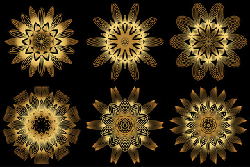 Sacred Oriental Mandala. Floral Ornament. Vector Illustration. Can Be Used For Greeting Card, Coloring Book, Phone Case Print. Luxury gold on black color