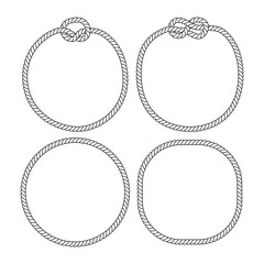 Black and white marine knots twine rope circle frames set, vector