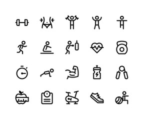 Fototapeta na wymiar Simple Set of Fitness Related Vector Filled Line Icons. Contains such Icons as dumbbell, exercise, run, boxing, push up and More. pixel perfect vector icons based on 32px grid. Editable Strokes