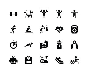 Simple Set of Fitness Related Vector Glyph Icons. Contains such Icons as dumbbell, exercise, run, boxing, push up and More. pixel perfect vector icons based on 32px grid. Well Organized and Layered