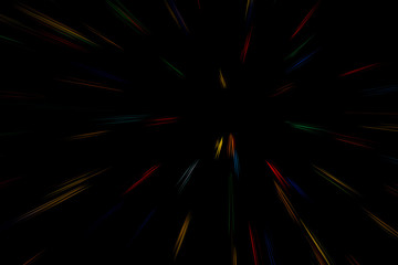 Obraz premium Bokeh multi colored lines on black background. abstraction. Speed light motion blur texture. Star particle or space traveling