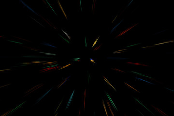 Obraz premium Bokeh multi colored lines on black background. abstraction. Speed light motion blur texture. Star particle or space traveling
