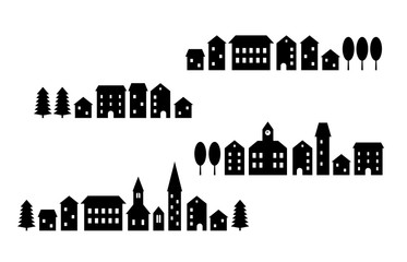 Black and white houses and buildings small town street, vector template illustration - 257576323