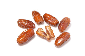 Dried date isolated on white background, fruit of palm tree, islamic food in ramadan iftar, flat...