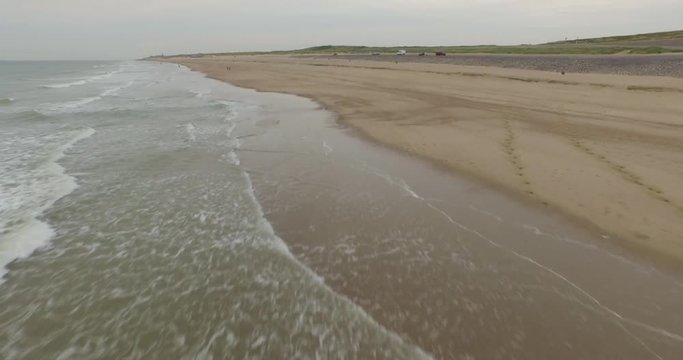 Aerial: An overcast day at the sand beach between Domburg and Westkapelle, the Netherlands.