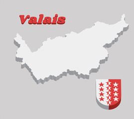 3D Map outline and Coat of arms of Wallis, The canton of Switzerland.