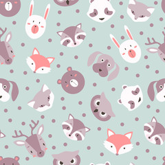 Fox, raccoon, dog and owl cute vector animal seamless pattern