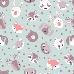 Wall murals Dogs Fox, raccoon, dog and owl cute vector animal seamless pattern