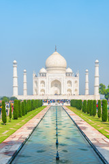 The Taj Mahal on blue sky background in Agra, India