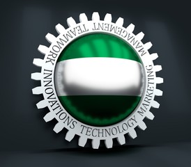 Cog wheel with Rotterdam flag. Precision machinery relative backdrop. 3D rendering