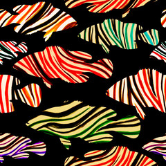 Fototapeta na wymiar abstract fish with linear texture of different colors on a black color