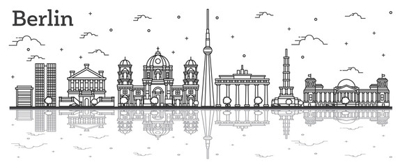 Outline Berlin Germany City Skyline with Historical Buildings and Reflections Isolated on White.
