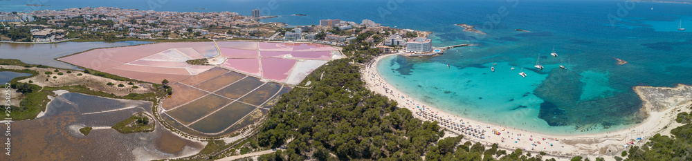 Wall mural colonia sant jordi, mallorca spain. amazing drone aerial landscape of the pink salt flats and the ch