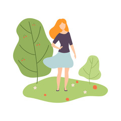 Young Woman Walking in Summer Park Vector Illustration