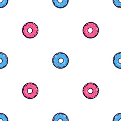 Seamless texture with cute, kawai pink and blue donut on white background. Vector pattern for textiles, fabrics, wrapping paper, cards and for your design