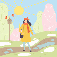 Young Woman Wearing Warm Clothes Standing on Spring Season Background, Season Change From Winter to Spring Vector Illustration